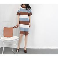 Women\'s Going out Shift Dress, Striped Round Neck Midi Short Sleeve Cotton Summer Mid Rise Micro-elastic Medium