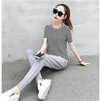 Women\'s Casual/Daily Simple Summer T-shirt Pant Suits, Striped Round Neck Short Sleeve