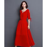 Women\'s Casual/Daily Beach Holiday Simple Swing Dress, Solid Round Neck Maxi ½ Length Sleeve Others Summer Mid Rise Micro-elastic Thin