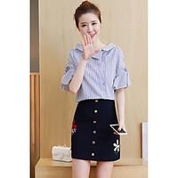 Women\'s Casual/Daily Simple Summer Shirt Skirt Suits, Striped Shirt Collar Short Sleeve Micro-elastic
