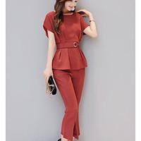 Women\'s Casual/Daily Simple Summer T-shirt Pant Suits, Solid Round Neck Short Sleeve Micro-elastic
