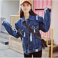 Women\'s Casual/Daily Simple Spring Denim Jacket, Solid Shirt Collar Long Sleeve Regular Linen