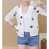 Women\'s Casual/Daily Simple Cute Spring Jacket, Print Shirt Collar 3/4 Length Sleeve Short Cotton