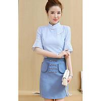 Women\'s Casual/Daily Simple Summer T-shirt Skirt Suits, Solid Stand 1/2 Length Sleeve Micro-elastic