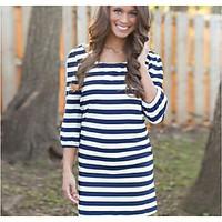 Women\'s Going out Vintage Loose Dress, Striped Round Neck Above Knee ¾ Sleeve Cotton Summer High Rise Micro-elastic Thin