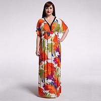Women\'s Plus Size Boho Swing Dress, Print V Neck Maxi Short Sleeve Polyester Summer High Rise Micro-elastic Medium