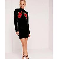 Women\'s Casual/Daily Work Simple Street chic Bodycon Sheath Dress, Embroidered Crew Neck Above Knee Long Sleeve Nylon Fall Winter Mid Rise