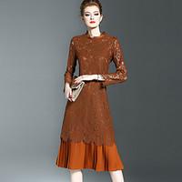 womens going out simple lace dress solid patchwork crew neck midi long ...