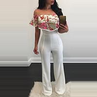 Women Wide Leg JumpsuitsCasual/Daily Club Sexy Vintage Print Mesh Embroidered Boat Neck Slim Short Sleeve High Rise Micro-elastic Summer
