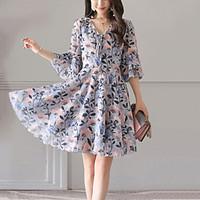 Women\'s Going out Beach Street chic Loose Chiffon Swing Dress Print Patchwork V Neck Knee-length Above Knee 1/2 Length Sleeve Flare Sleeve Polyester