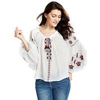 Women\'s EmbroideryBoho Casual/Daily Going out Simple Cute Fall Winter Blouse, Embroidered Round Neck Long Sleeve Cotton Medium
