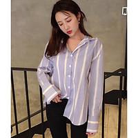 Women\'s Casual/Daily Simple Spring Summer Shirt, Striped Shirt Collar Long Sleeve Cotton Thin
