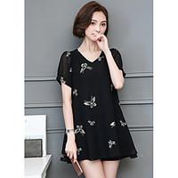 Women\'s Casual/Daily Simple Loose Dress, Print V Neck Above Knee Short Sleeve Polyester Summer Mid Rise Micro-elastic Medium