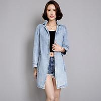 Women\'s Casual/Daily Simple Summer Denim Jacket, Solid Shirt Collar Long Sleeve Long Linen