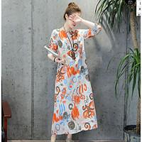 Women\'s Daily Loose Dress, Geometric Round Neck Midi Long Sleeve Cotton Linen Summer Mid Rise Micro-elastic Medium