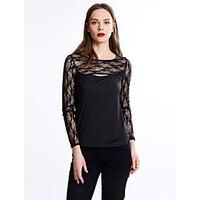 Women\'s Lace Going out Plus Size Sexy Summer T-shirt, Solid Round Neck Long Sleeve Black Others Thin