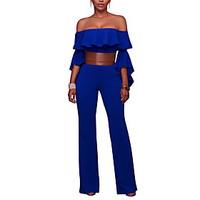 Women Wide Leg JumpsuitsCasual/Daily Club Sexy Falbala Simple Slim Solid Backless Boat Neck Flare Sleeve High Rise Micro-elastic Summer Fall