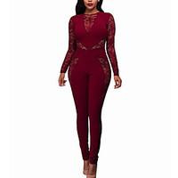 Women\'s Lace Skinny JumpsuitsCasual/Daily / Club Sexy / Street chic Print Slim Lace Round Neck Long Sleeve Mid Rise Micro-elasticSpring
