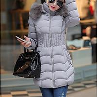 Women\'s Long Padded CoatSimple Casual/Daily Solid-Faux Fur / Polyester White Long Sleeve Hooded Outerwear