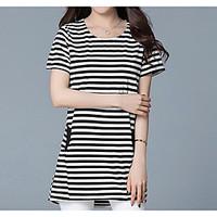 Women\'s Casual/Daily Simple T-shirt, Striped Round Neck Short Sleeve Cotton