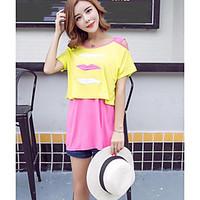 Women\'s Casual/Daily Simple Spring Summer T-shirt, Patchwork Round Neck Short Sleeve Cotton Thin