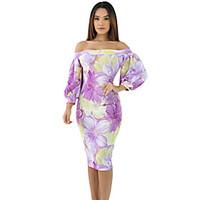 Women\'s Beach Party Holiday Sexy Bodycon Dress, Print Strapless Knee-length Long Sleeve Polyester Spandex Spring High Rise Stretchy Medium