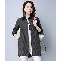 Women\'s Casual/Daily Simple Spring Trench Coat, Striped Shirt Collar Long Sleeve Long Polyester