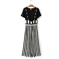Women\'s Dailywear Other Summer T-shirt Pant Suits, Striped Round Neck Short Sleeve Micro-elastic