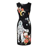 Women\'s Casual/Daily Beach Holiday Vintage Bodycon Dress, Floral Round Neck Above Knee Sleeveless Polyester Spandex Summer High Rise