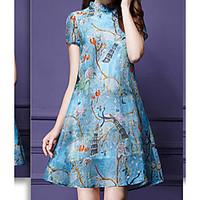 Women\'s Casual/Daily Vintage Loose Dress, Print Stand Above Knee Short Sleeve Cotton Summer Mid Rise Micro-elastic Medium