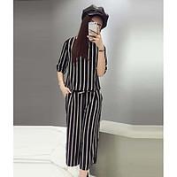 Women\'s Going out Casual/Daily Simple Spring T-shirt Pant Suits, Striped Round Neck 3/4 Length Sleeve