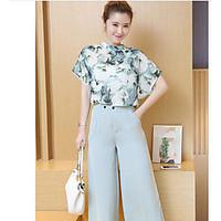 Women\'s Casual/Daily Simple Cute Summer T-shirt Pant Suits, Solid Print Round Neck Short Sleeve