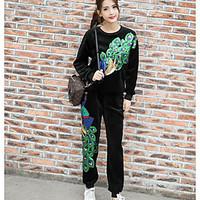 Women\'s Casual/Daily Street chic Spring Summer Hoodie Pant Suits, Animal Print Round Neck Short Sleeve Micro-elastic