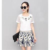 Women\'s Casual/Daily Simple Summer T-shirt Skirt Suits, Floral Round Neck Short Sleeve Micro-elastic