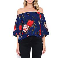 Women\'s Going out Casual/Daily Holiday Sexy Vintage Street chic All Match Backless Off-The-Shoulder T-shirtFloral Boat Neck Sleeve Medium