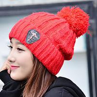 Women Solid Color Icon Printing Knit Stretch Crimping Wool Outdoor Protect Ear Skiing Warm Hat