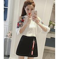 Women\'s Casual/Daily Simple Summer T-shirt Skirt Suits, Print Crew Neck 3/4 Length Sleeve Micro-elastic