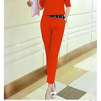 Women\'s Casual/Daily Simple Spring T-shirt Pant Suits, Solid V Neck Long Sleeve Micro-elastic