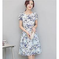 Women\'s Other Casual Cute Sheath Dress, printing Round Neck Knee-length Short Sleeve Cotton Spring Summer Mid Rise Inelastic Medium