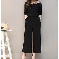 Women\'s Casual/Daily Simple Summer T-shirt Pant Suits, Solid V Neck 3/4-Length Sleeve Micro-elastic