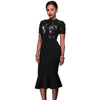 Women\'s Party Club Cute Lace Dress, Solid Turtleneck Midi Short Sleeve Polyester Spandex Summer High Rise Micro-elastic Medium