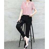 Women\'s Casual/Daily Simple Summer Shirt Pant Suits, Solid Shirt Collar Short Sleeve