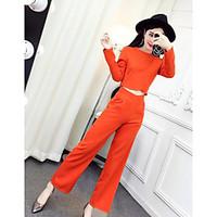 Women\'s Casual/Daily Vintage Street chic Summer Shirt Pant Suits, Solid Round Neck Long Sleeve Inelastic
