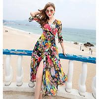 Women\'s Beach Swing Dress, Geometric V Neck Maxi ¾ Sleeve Polyester Summer High Rise Inelastic Thin