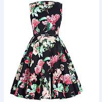 Women\'s Casual/Daily Beach Holiday Vintage Sheath Swing Dress, Floral Round Neck Knee-length Sleeveless Cotton Polyester Summer High Rise