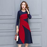 Women\'s Going out Casual/Daily Party Sheath Dress, Color Block Round Neck Knee-length ¾ Sleeve Polyester Spring Fall Mid Rise Inelastic