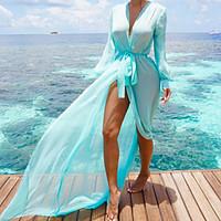 Women\'s Going out Beach Holiday Sexy Simple Spring Summer Slim Sun Block Lace Up BlouseSolid Deep V Long SleeveMedium