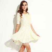 womens lace 34 sleeve solid color round neck swing dress