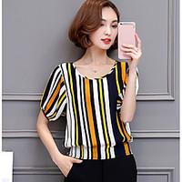 Women\'s Casual/Daily Simple Blouse, Striped Round Neck Short Sleeve Polyester