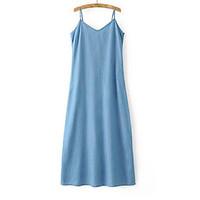 Women\'s Daily Loose Dress, Solid Strap Knee-length Sleeveless Cotton Summer Mid Rise Inelastic Thin